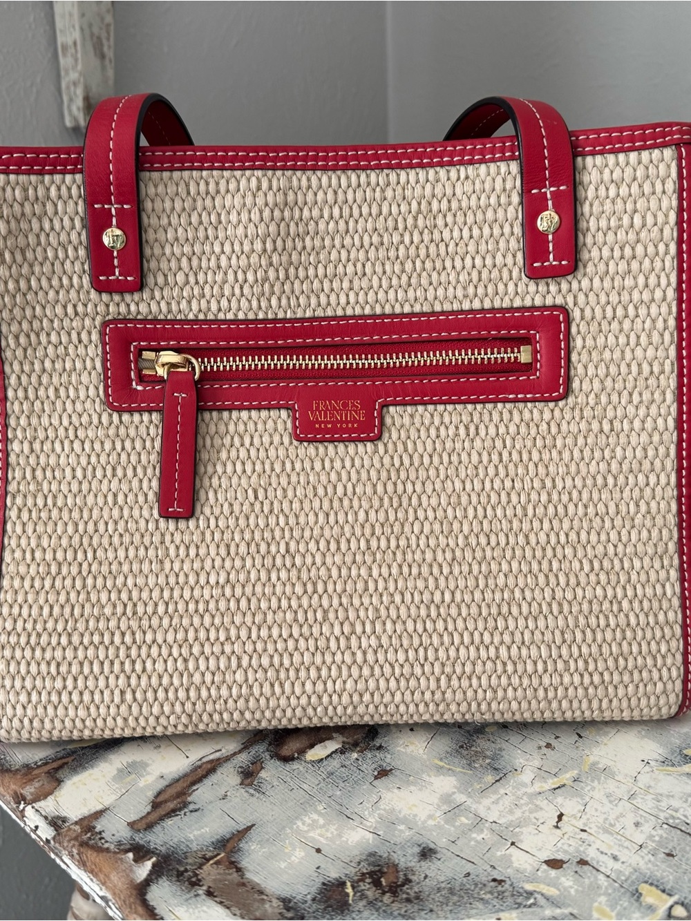 Frances Valentine Beige Tote with Red Leather Trim